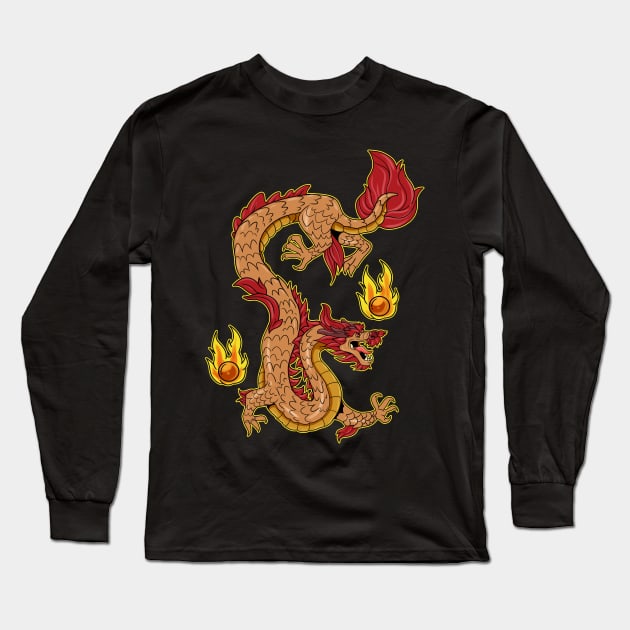 Vintage Fire Chinese Dragon Gift Print Asian Culture  Zip Print Long Sleeve T-Shirt by Linco